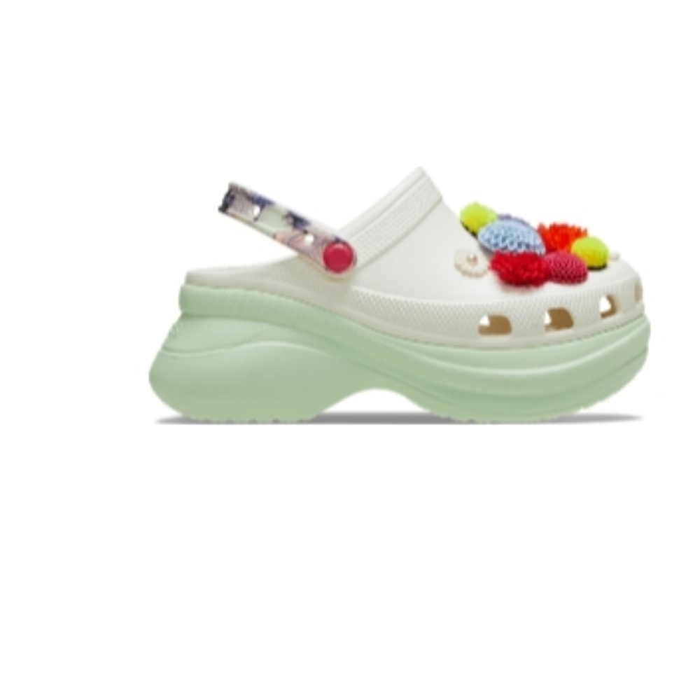 Women’s White Platform Clog with Pastel Green Sole and Colorful Pom Accents